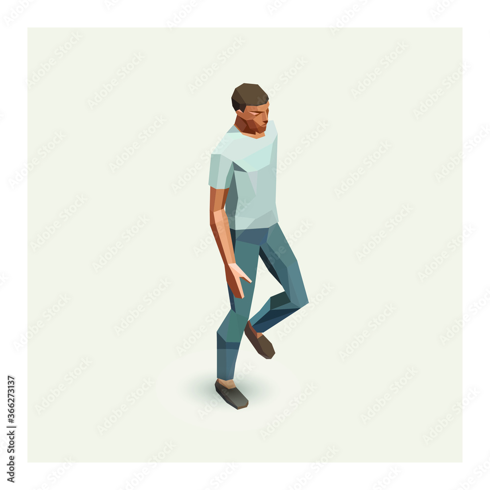 Wall mural Vector isometric polygonal illustration of men walking. Human guy person wearing t shirt and jeans.