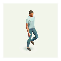 Vector isometric polygonal illustration of men walking. Human guy person wearing t shirt and jeans.