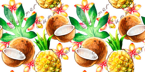 Watercolor summer tropical seamless pattern.