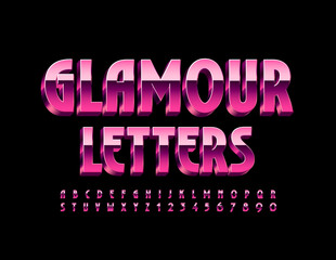 Vector Glamour Letters and Numbers. Pink Metallic Font. Glossy Elegant Font