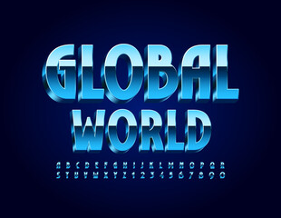 Vector business sign Global World. Elegant Glossy Font. Blue modern Alphabet Letters and Numbers