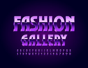 Vector elegant emblem Fashion Gallery. Violet Shiny Font. 3D Reflective Alphabet Letters and Numbers