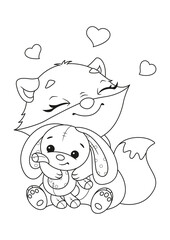 Fox hugging rabbit coloring page. Outline vector cartoon illustration