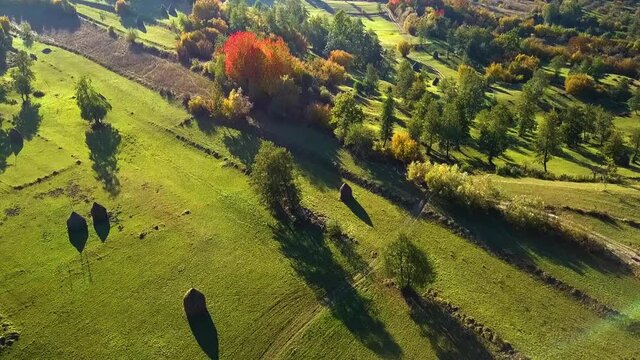 Rural landscape filmed from the air (Breb, Maramures, Romania)