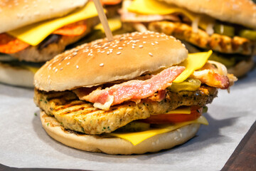 hamburger on a plate, selective focus