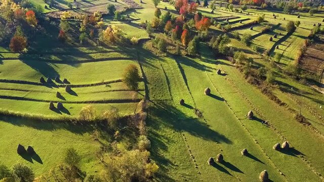 Rural landscape filmed from the air (Breb, Maramures, Romania)