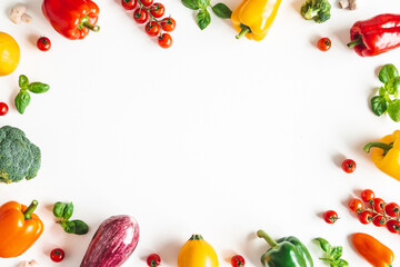 Vegetable on white background. Flat lay, top view