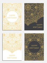 Mandala cards collection in gold, white and black colors. Hand drawn mandala design. Vector templates for printing posters, advertising banners, yoga studio and spa.	