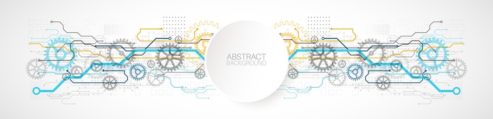 Abstract technology cogwheel concept. Circuit board, high computer color background. Vector illustration with space for content, web - template, business tech presentation.