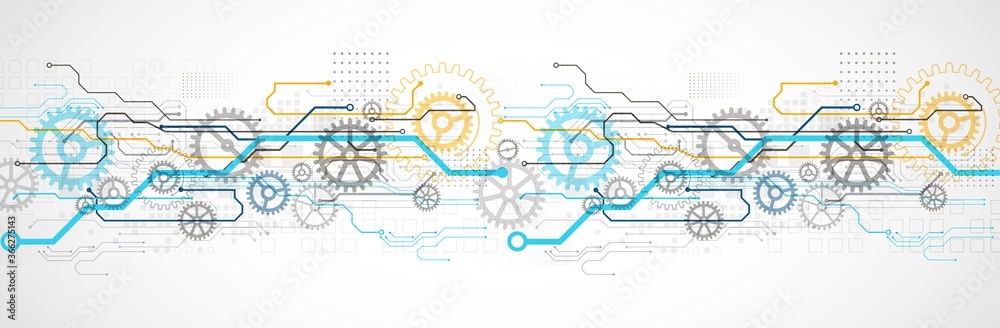 Poster Abstract technology cogwheel concept. Circuit board, high computer color background. Vector illustration with space for content, web - template, business tech presentation.
