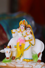 Beautiful Colorful Handcrafted Handmade Statue Of Indian Hindu Lord God Idol Krishna Baanke Bihari Kanhaiya Playing Musical Instrument Flute With Lover Couple Radha For Pooja Puja Happy Janmasthami