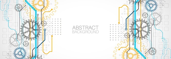 Abstract technology cogwheel concept. Circuit board, high computer color background. Vector illustration with space for content, web - template, business tech presentation.