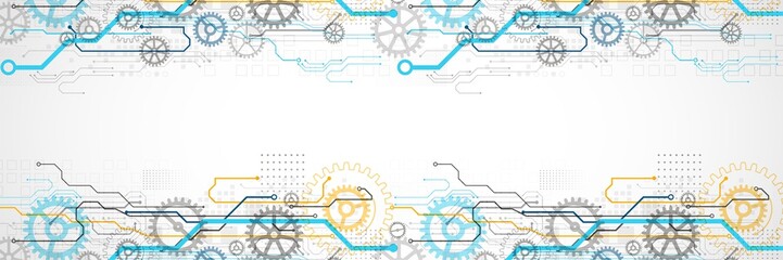 Abstract technology cogwheel concept. Circuit board, high computer color background. Vector illustration with space for content, web - template, business tech presentation.