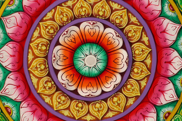 Colorful Beautiful Floral Richly Carved Mural Painting Pattern Traditional Cultural Art Design And Decoration On The Dome Ceiling Of Hindu Temple In South India Background