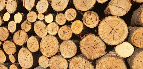 Panorama of round chopped wood on a sunny day.