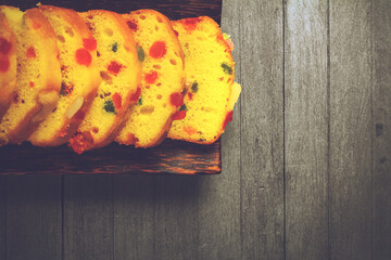 Home made Delicious plums cake on wooden tray