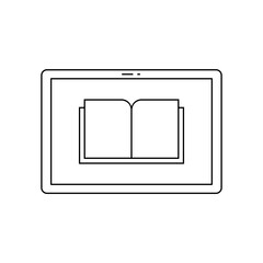 Book  on a tablet line icon. Reading electronic book concept. E book reader. Device for reading digital books. Online education. Black outline on white background. Vector illustration, flat, clip art.
