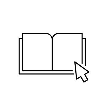 Download e book line icon. An open book with mouse cursor arrow. Electronic books on the internet concept. Self education online. Black outline on white background. Vector illustration, flat, clip art