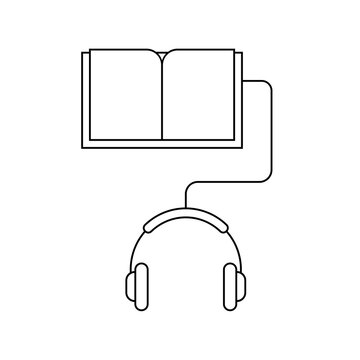 Listening to electronic book. Audio book concept. Headphones connected to a book. Line icon. Online library. Distance education. Black outline on white background. Vector illustration, flat, clip art