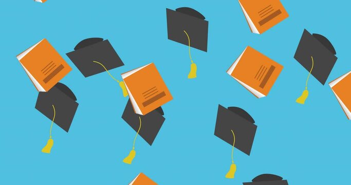 Animation of graduation college university hats and notebooks falling on blue background