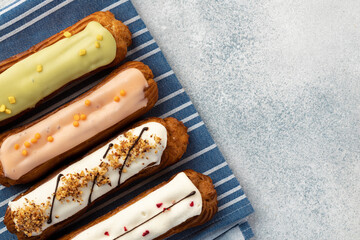 Close up photo of fresh french eclair cake with icing