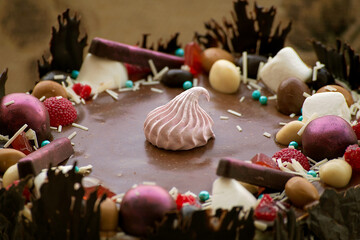 chocolate cake, top view of the decoration, close-up