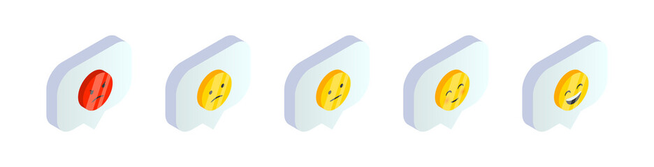 Isometric smile emoji symbols in speech bubble set. 3d customer rating satisfaction positive and negative feedback emotions. Social Media vector illustration for web, app, design, infographics