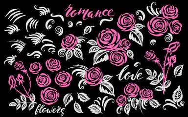 Set of hand drawn rose flowers and bouquetes
