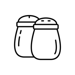 Salt and pepper shakers. Linear icon of pair of spice jar, kitchen utensils for table setting. Black illustration of container for sprinkling dry ingredients. Contour isolated vector, white background