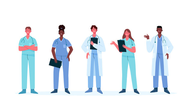 Set of doctors characters. Medical team concept in vector illustration design. Medical staff doctor nurse therapist surgeon professional hospital workers, group of medics.