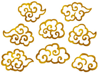 金の雲の水彩風線画イラストセット