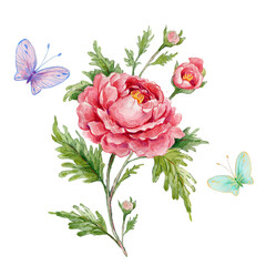 Watercolor illustration of a rose branch with butterflies