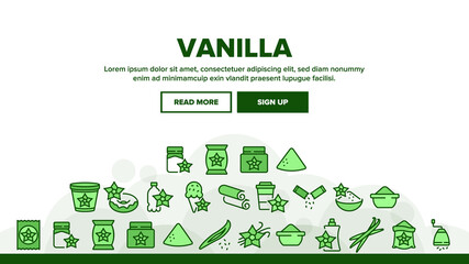 Vanilla Flower Spice Landing Web Page Header Banner Template Vector. Vanilla Stick Spicy Ingredient For Ice Cream And Coffee, Donut And Drink, Bottle And Bag Illustrations