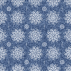 Vector Jeans background with Lotus Flowers Mandala Pattern. Denim seamless pattern. Blue jeans cloth

