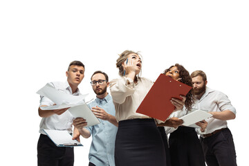 Fall. Nervous tensioned investors analyzing crisis stock market with charts on their gadgets. Defaulted, crisis of exchange markets and funds. Overly concerned men and women with gadgets, papers.