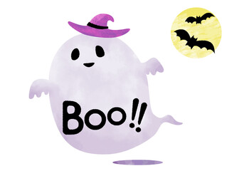 水彩画風のハロウィンのかわいいおばけ　白バック　