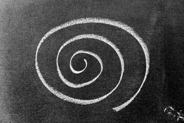 White color chalk hand drawing in spiral shape on black board background