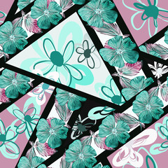 Patchwork with tropical and abstract flowers, seamless pattern.