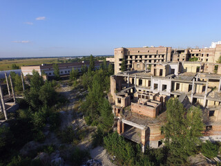 Fototapeta na wymiar Abandoned construction site of Hospital. (aerial drone image)Abandoned at 1991,during Ukrainian undependence crisis. Kiev Region,Ukraine
