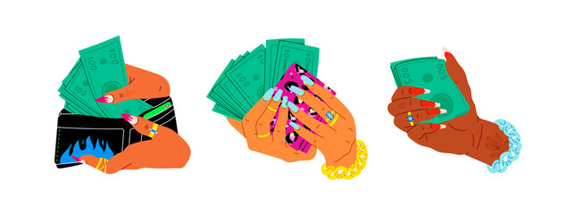 Women's hands are holding stack of green Money. Cool manicure, rings and golden chain. Cash in hand. Close up look. Cartoon style. Hand drawn Vector set. Every illustration is isolated