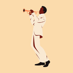 Dark skinned male musician playing trumpet. Flat vector illustration of a man performing solo on stage playing a melody on a trumpet. Professional musician with a trumpet dressed in retro style © vernStudio
