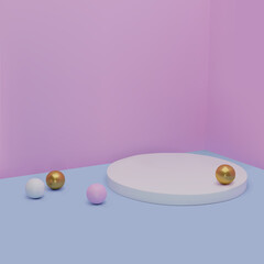 3d vector illustration. Minimal round podium in pink and blue with gold balls. Background abstract, Minimalistic, Realistic, pastel Colors. 3d rendering. For presentation, exhibition, dispaly cosmetic