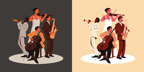 Multiracial music band performing on a stage. Vector illustration of four musicians with trumpet, violin, saxophone and cello musical instruments playing on a stage. Group of women and three men © vernStudio