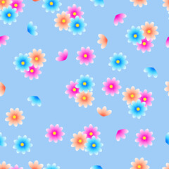Vector seamless pattern with multi-colored flowers on a blue background. Use in fabric, wrapping paper, wallpaper, bags, clothes, dishes, cases on smartphones and tablets.