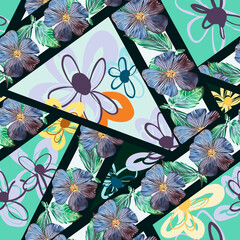 Patchwork with tropical and abstract flowers, seamless pattern.