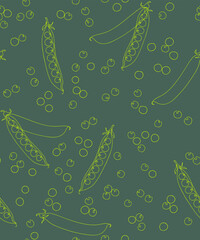 Seamless green peas pattern. Light and dark green background. Continuous line art. Outline style hand drawn sketch vector illustration