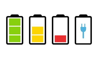 Set of Battery charge indicators. Batteries isolated on a white background. Accumulator. Energy level. Vector illustration.