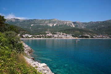View of the tourist area in Budva, Montenegro. Summer hot season.