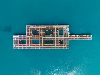 Aerial top view of  mussel farm in the Black Sea