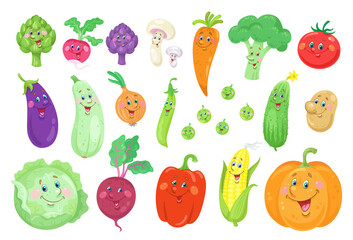 A large set of funny vegetables. In a cartoon style. Isolated on white background. Vector flat illustration.